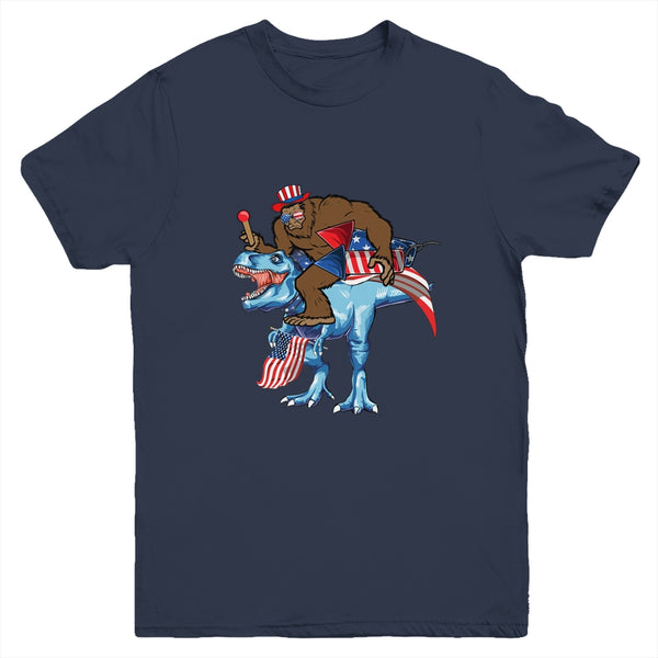 Bigfoot riding Dinosaur USA Flag 4th Of July America Youth Youth T Shirt Navy 600x 2.jpg