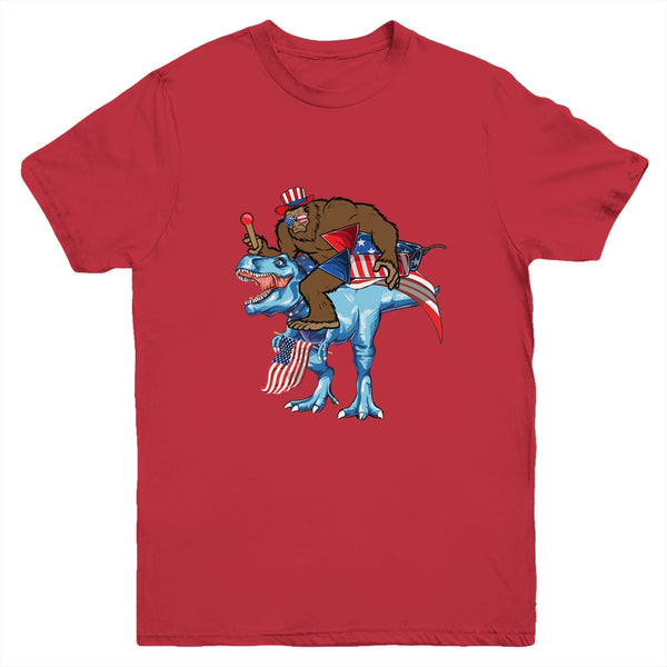 Bigfoot riding Dinosaur USA Flag 4th Of July America Youth Youth T Shirt Red 600x 3.jpg