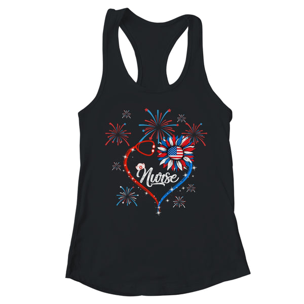 Patriotic Nurse 4th Of July American Flag Sunflower Heart Women s Ideal Racerback Tank Black 600x 3.jpg