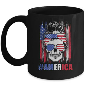 America Messy Bun Hair Skull 4th Of July American Flag Women Mug 11oz Mug Black 600x.jpg