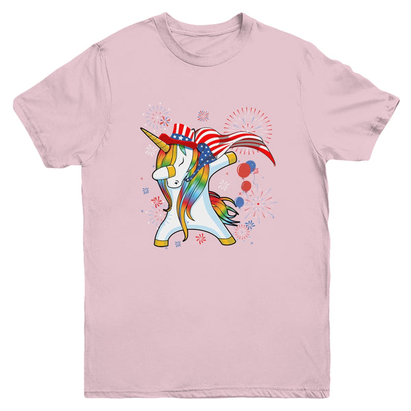 Dabbing Unicorn 4th of July American Flag Girls Youth Youth T Shirt Light Pink 600x.jpg